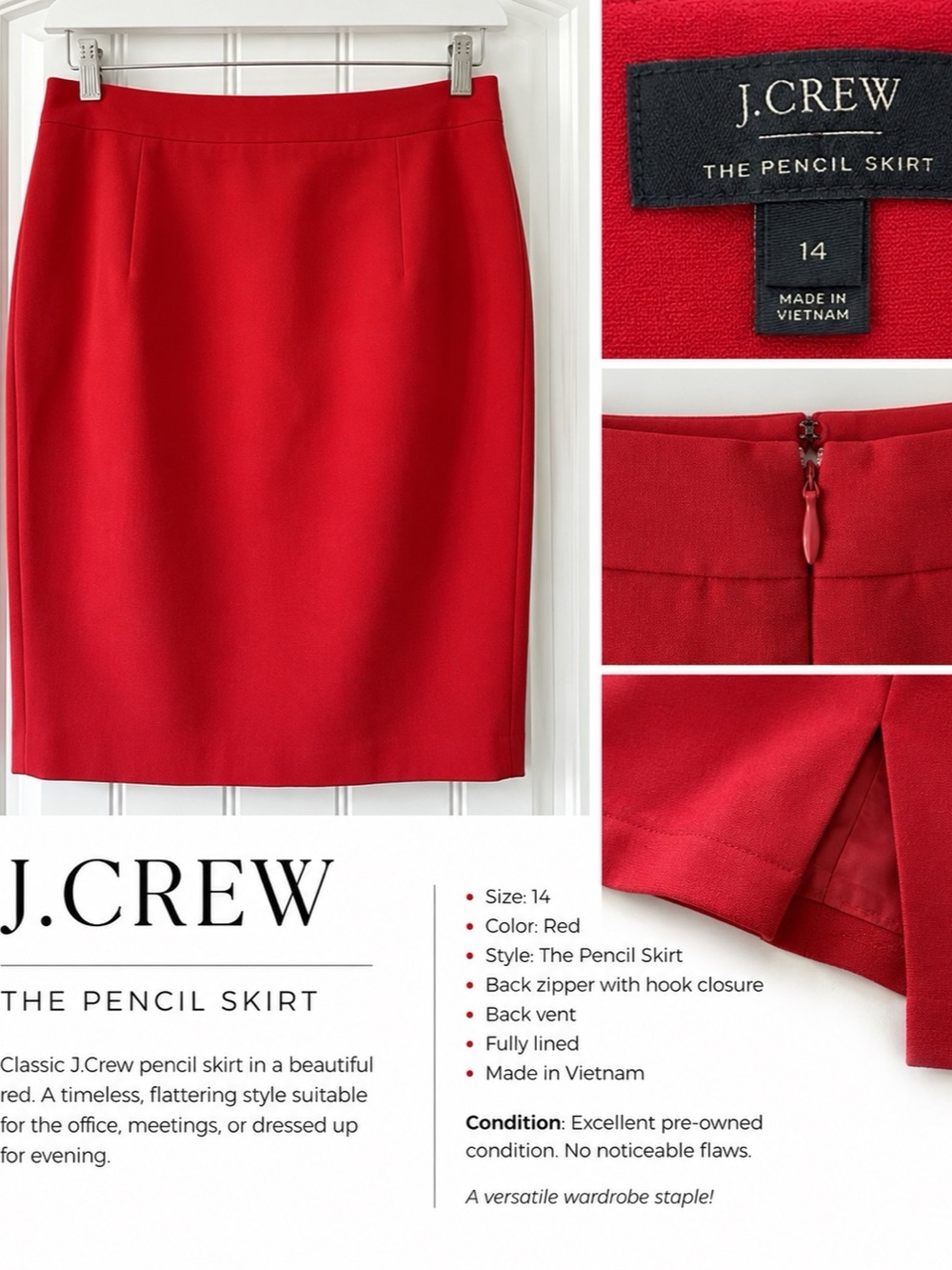 J.Crew The Pencil Skirt Red Wool Blend Size 14 21.5” Career Work Skirt